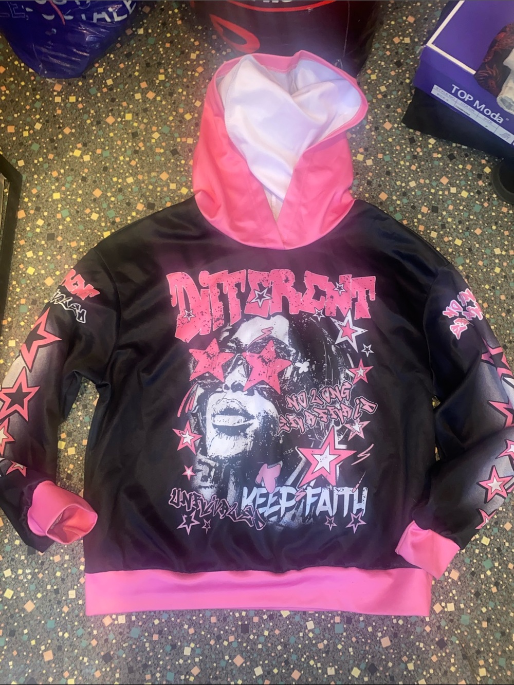 SHEIN Black & Pink Graphic Hoodie with Star Print